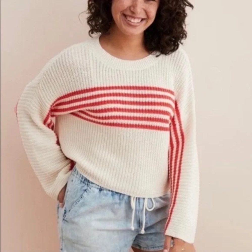 Cozy Cream and Red Striped Sweater